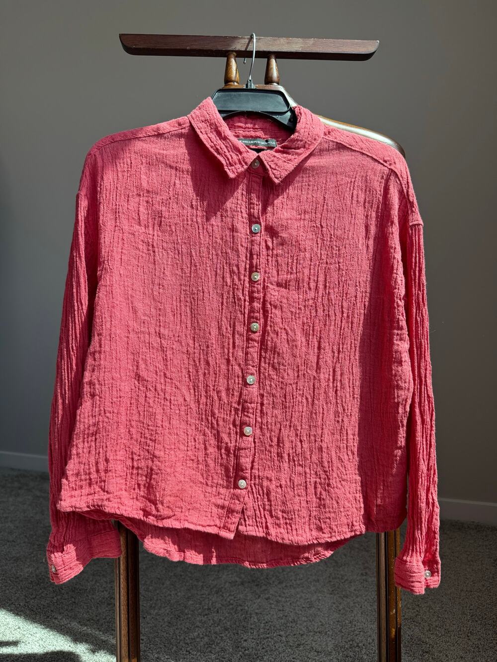 Tahari 100% Linen Crinkle Gauze Shirt Women’s M Coral Pink Oversized EU Flax